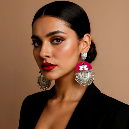 Magenta Rani Pink Heavy Oxidized Lotus Earrings